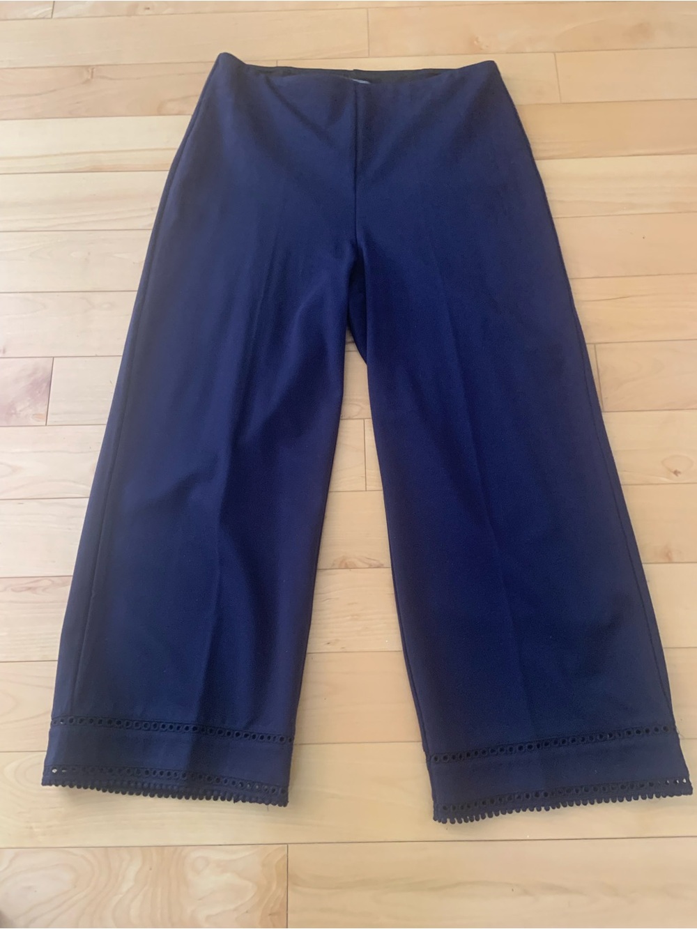 Lysee navy Cropped Wide-Leg Pants with Lace Trim